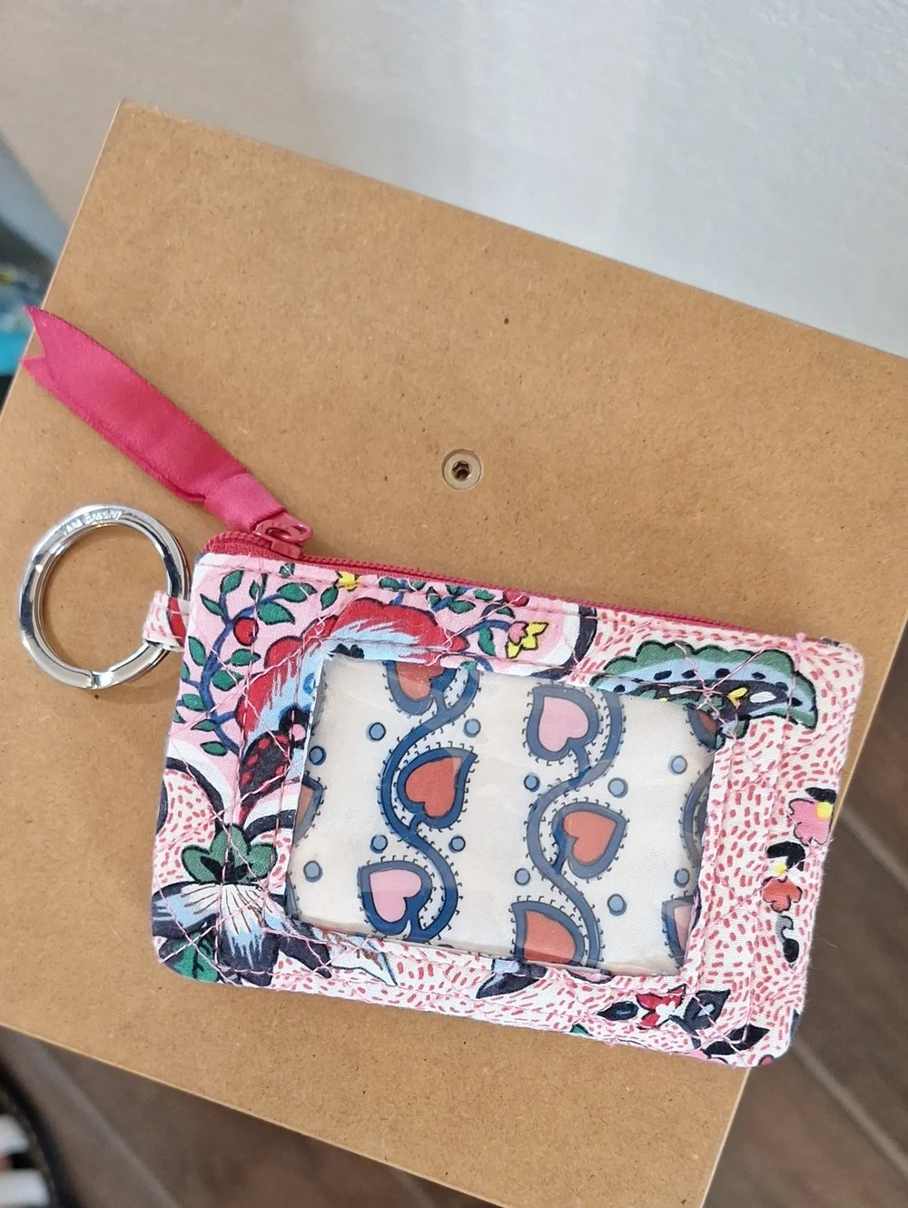 Vera Bradley Key Fob Pouch Pink Floral Hearts Quilt Stitch